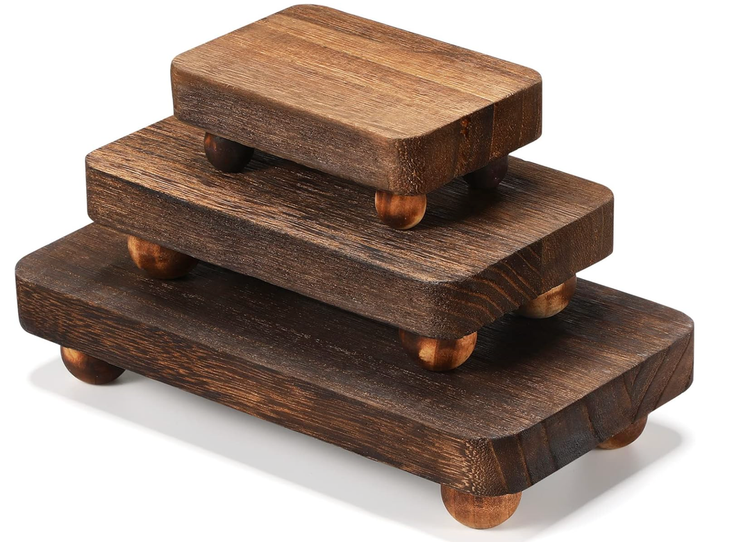 Maitys 3 Pcs Wooden Risers for Display Pedestal Stand Wooden for Decor Farmhouse Vintage Rustic Stackable Kitchen Stand Tray Riser, 3 Sizes(12 x 6.7, 8 x 4.7, 4 x 2.8 In,Brown)