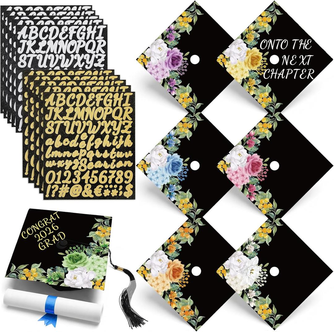 Feifeiya 14 Pcs DIY Graduation Cap Topper Sticker Flower Design Motivational Inspirational Cap Topper Decal with Alphabet Letter Stickers for Graduation Accessories(Half-side,Colorful)