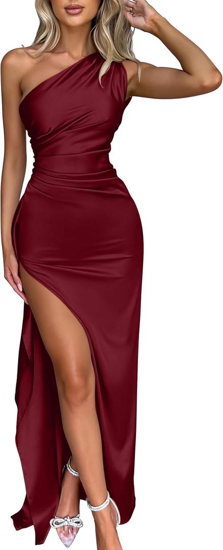 Memoriesea Women's Sexy One Shoulder High Split Cocktail Wedding Party Maxi Dress (Wine Red, Small)