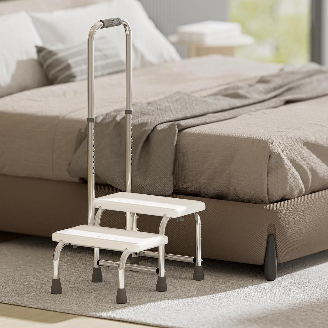 SPECILITE 2 Step Stool with Handle, Heavy Duty Foot Stool with 10 Height-Adjustable Handrail, Non-Slip Platform and 4 Buckles for Bed, RV, Kitchen, Bathtub, 360lbs Standing aids for Elderly, Adult