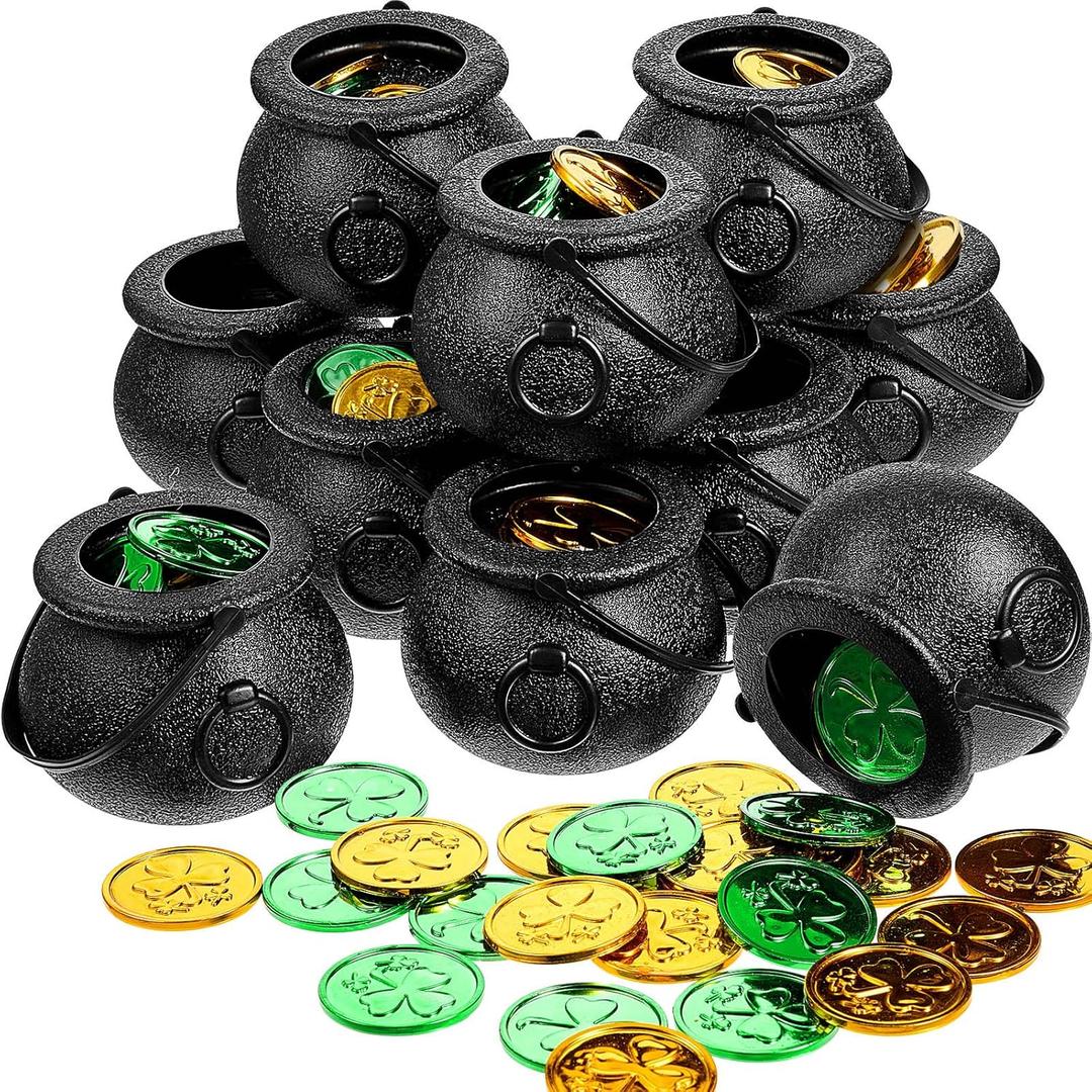 100 Pcs St. Patrick Day Lucky Green Gold Shamrock Clover Coins and 12 Pcs Saint Patrick's Day Candy Kettle Pot of Gold Mini Leprechaun Cauldron with Handle for Saint Pattys Party Favor and Decor