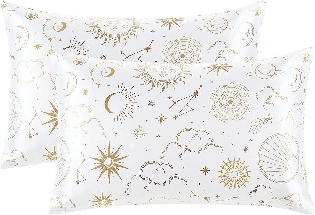 EXQ Home Silky Satin Pillowcase for Hair and Skin,Printed Pillow Cases Standard Size Set of 2 Pink Satin Pillow Case 2 Pack with Envelope Closure White Moon20"x26"