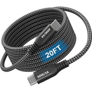 USB C to USB C Cable 20ft, Super Long 60W Type C to C Charging Cord Braided USB 2.0 Data Transfer Long USB C Cable Compatible with iPhone 15/16, Samsung Galaxy, Pixel, Pad Pro/Air, MacBook Pro/Air