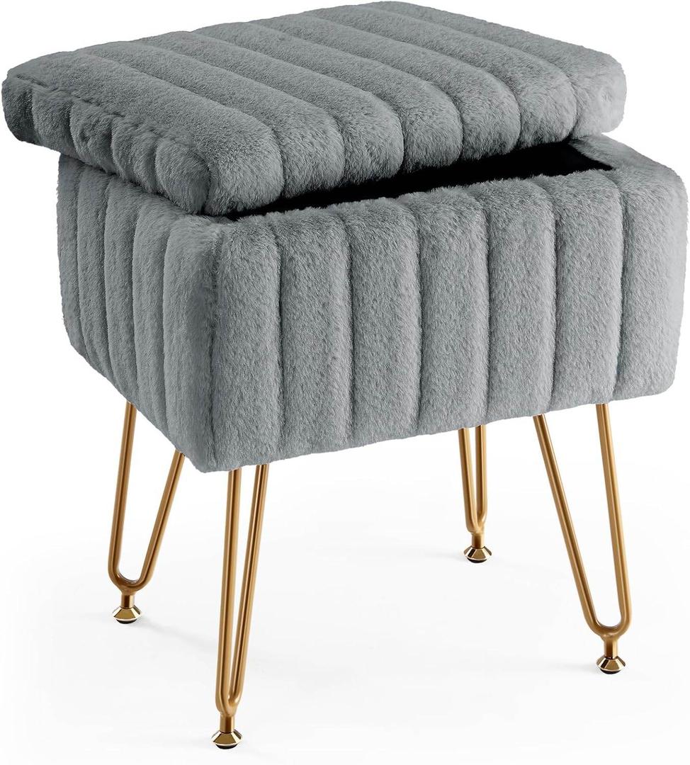 MyDepot Vanity Stool Chair with Storage, Ottoman Faux Fur Soft Padded Modern Cute Small Footrest for Home Entryway Bedroom - Light Gray