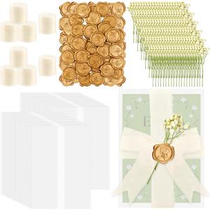 50Sets Wedding Invitations Wraps Set, Pre Folded Vellum Jackets for 5x7 Invitations with Self Adhesive Gold Wax Seal Stickers, Ribbon, White Dried Flowers, Wedding Invitation Kit for Bridal Craft DIY