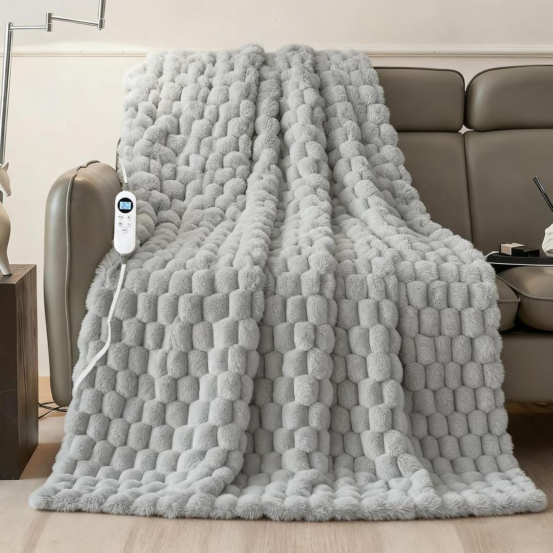 Eastsora Heated Blanket Throw 50" x 60" Soft Ribbed Faux Fur Flannel Fast Heating 12 Heat Levels 112H Timer & Overheat Protection & Auto Shut-Off & ETL FCC & Machine Washable Heated Throw (Gray)