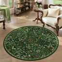 Round Rug 4ft Dark Green Washable Floral Circle Rug,Vintage Boho Botanical Round Area Rugs, Non-Slip Soft Low-Pile Circular Carpet for Bedroom,Kids Room,College Dorm,Home Decor