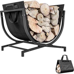 Outsunny 17 Inch Folding Firewood Rack Outdoor Indoor Firewood Holder with Canvas Carrier, Portable Log Rack with Handles, Heavy Duty Wood Storage Holder for Fireplace, Black