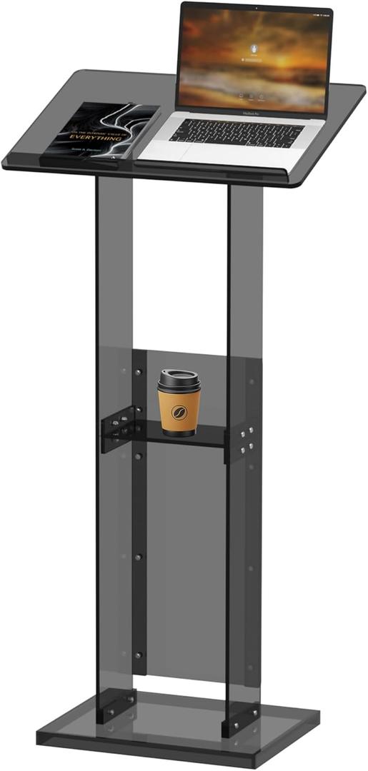 Acrylic Podium Stand with Storage Shelf, 45.5" Modern Black Lectern with Reading Platform for Classroom, Weddings, Conference, Concert, Professional Presentation Podiums