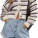 Fall Trendy Color Block Striped Cropped Open Front Cardigan for Women Casual Knit Button Down Sweater Jacket (X-Large, Purple)