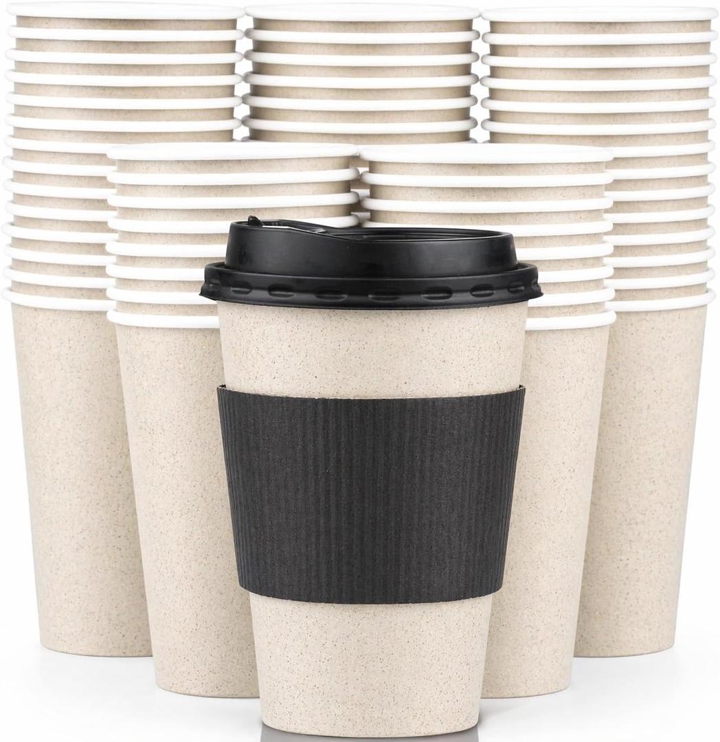 Promora 8 oz Natural Cream Disposable Coffee Cups with Lids & Sleeves, Hot Coffee Cup Sleeves Disposable, Premium Insulated To Go Coffee Paper Cups with Lids & Sleeves (8 oz, Pack of 200)
