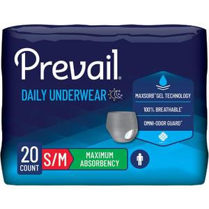 Prevail - Men's Protective Underwear - Pull-up Incontinence Underwear - Disposable Adult Diaper - Maximum Absorbency - Small / Medium - 20 Count
