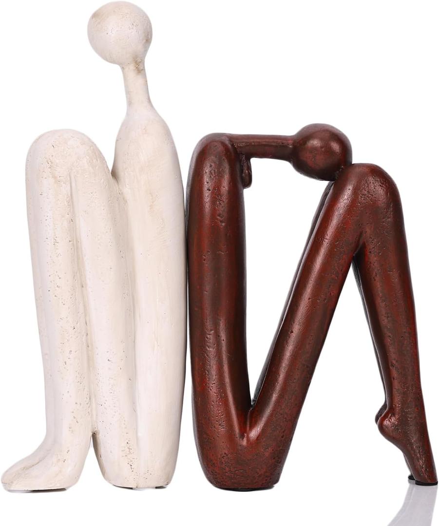 Thinker Statue Book Ends Decorative, Resin Stone Bookends for Heavy Books, Mid Century Vintage Reading Bookends, Aesthetic Unique Book Shelf Holder Ends - for Cool Artistic Abstract Decor (Beige-brown)