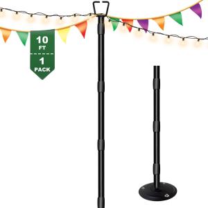10Ft String Light Poles for Outside, Adjustable Metal Poles for Outdoor String Lights, Rustproof & Sturdy Light Stand Posts for Patio, Backyard, Deck, Garden, Party Decorations