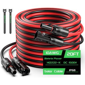20FT 10AWG Solar Panel Extension Cable, Bateria Power 6mm Solar Extension Cable Wire with Female & Male Waterproof Connectors for RV, Photovoltaic Systems, Set of 2