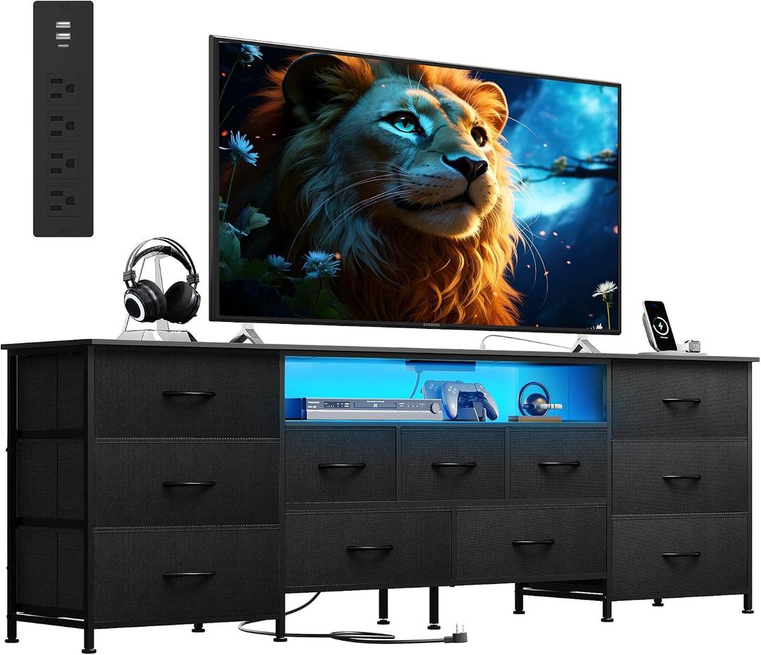 WLIVE Long LED Dresser TV Stand for 85 Inch TV, 11 Drawers, Black, 75.51"W for 85 inch TV