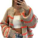 QIBABU Womens Striped Cardigan Sweaters Casual Open Front Long Sleeve Button Down Knit Outwear (Small, Brown)