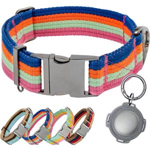 ADITYNA Cotton Dog Collar with AirTag Holder - Heavy-Duty Metal Buckle, Breathable, Easy Adjustable for Medium & Large Breeds - for Walking, Training (Bright Rainbow, Fits 15-21" Necks)