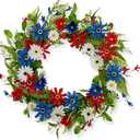 J'FLORU 4th of July Wreath 17 inch Independence Day Wreath Red White Blue Patriotic Wreaths for Front Door with Red White Blue Daisies for July Fourth Memorial Day Flay Day Decor