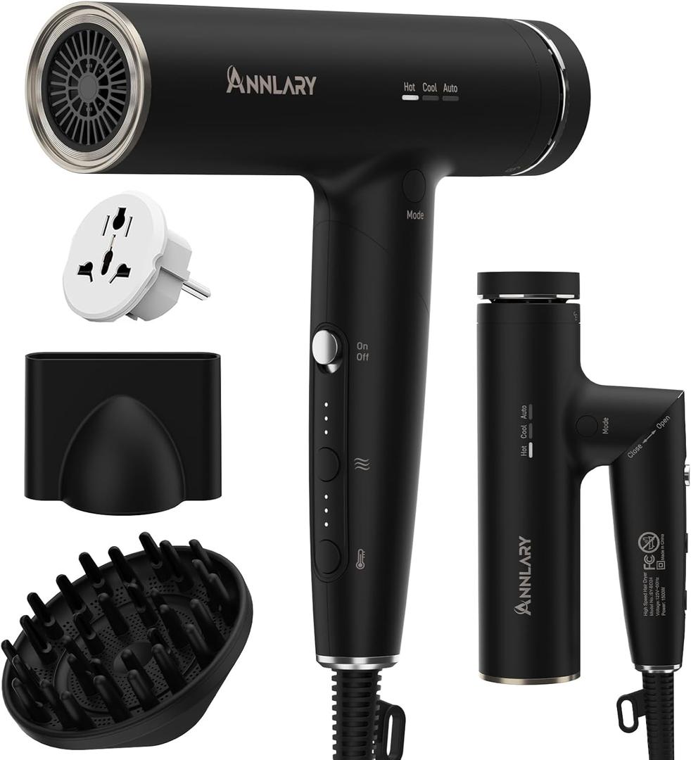 ANNLARY Dual Voltage Hair Dryer, Blow Dryer with Diffuser for Curly Hair | Plasma Ionic Hairdryer for Frizz Control | Foldable for Travel | 6.5Ft ALCI Cord | 110V-120V/220V-240V European Use