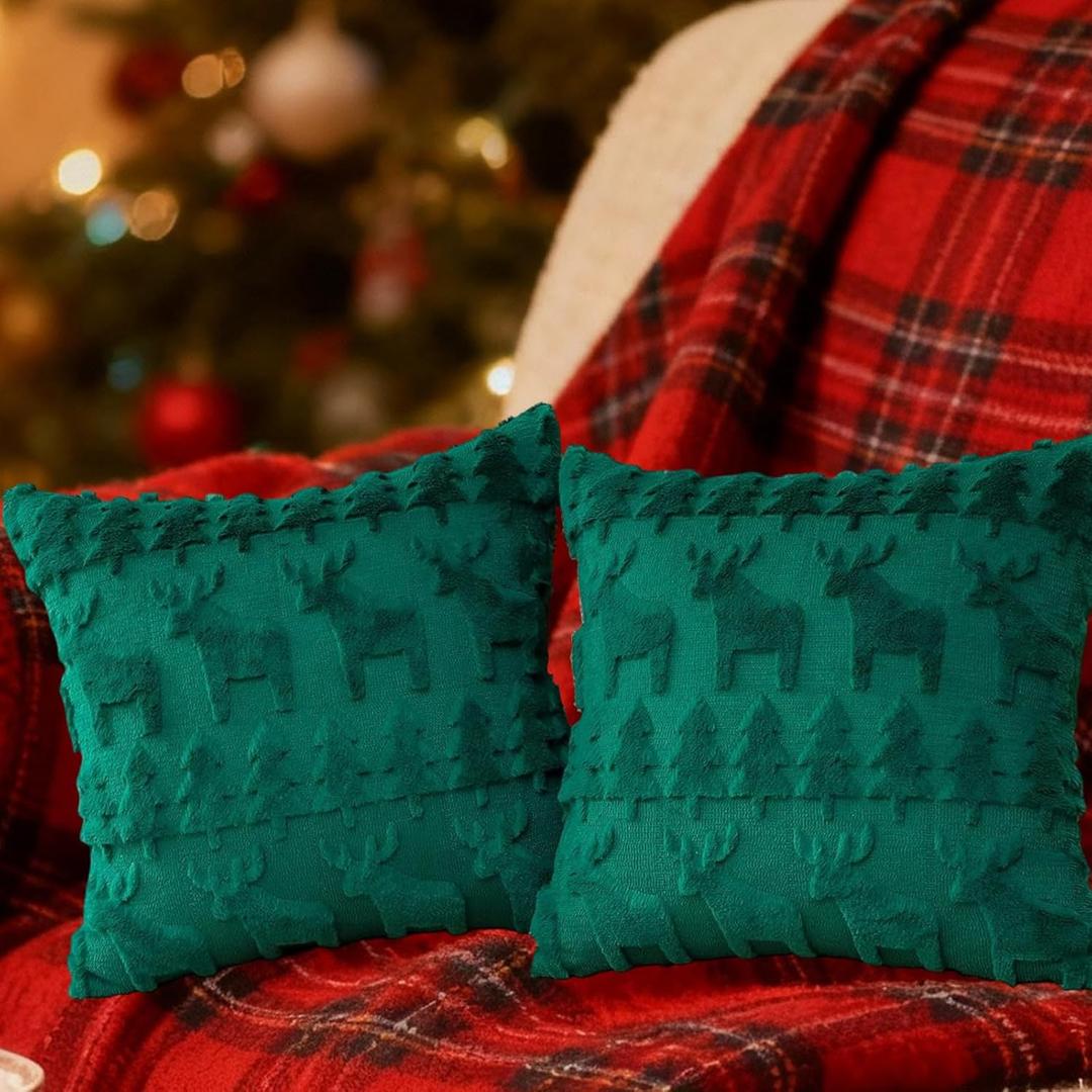 Christmas Pillow Covers 18x18 inch Set of 2 Throw Pillow Covers,Soft Faux Fur Farmhouse Couch Pillows Home (Green Christmas Tree & Fawn, 18" x 18" (Pack of 2))