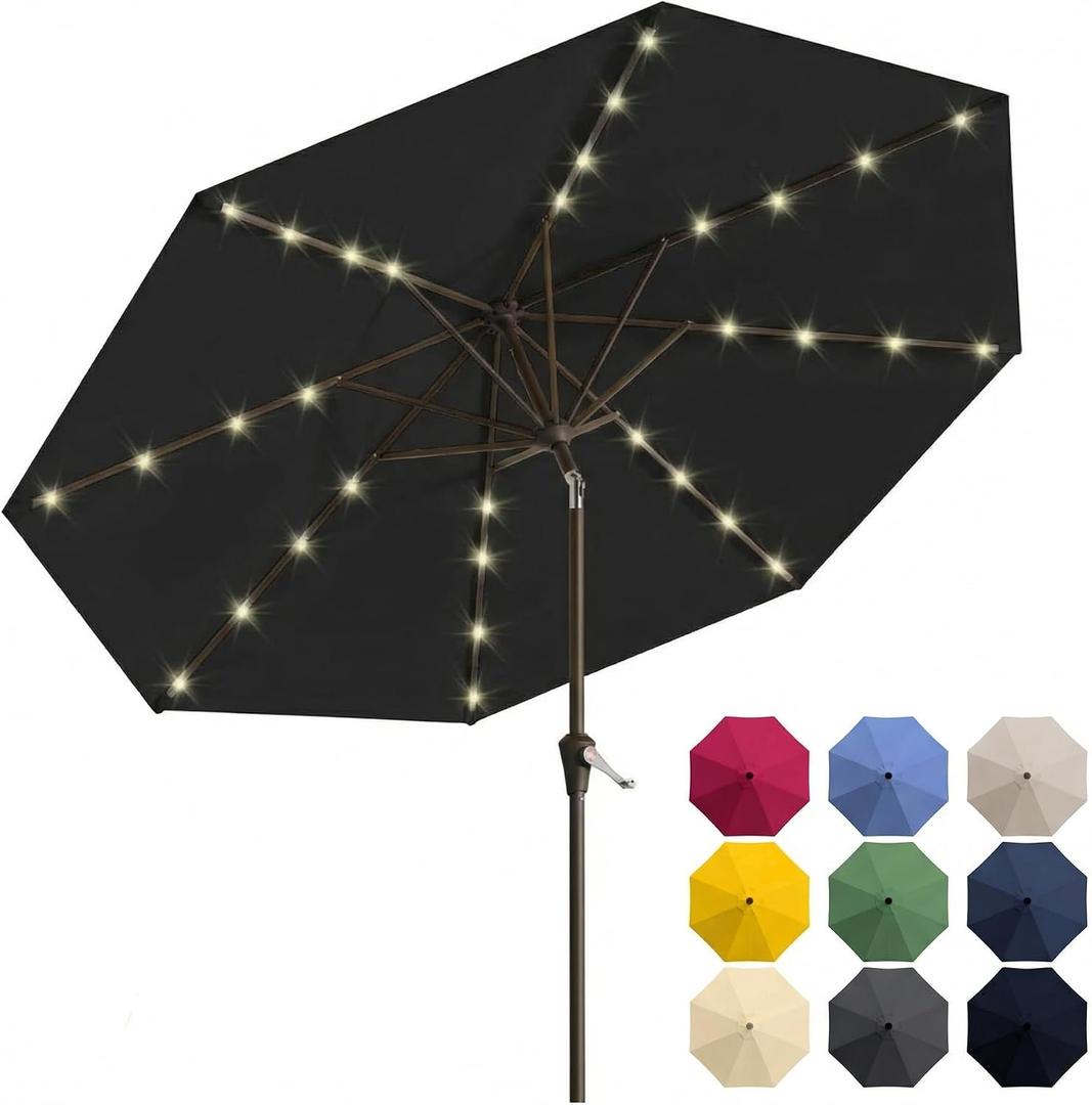 10FT Solar Patio Umbrella with Lights, Outdoor Table Market Umbrella with 32 LED Lights, 8 Sturdy Ribs, Push Button Tilt and Crank for Pool, Deck and Garden, UV-Resistant
