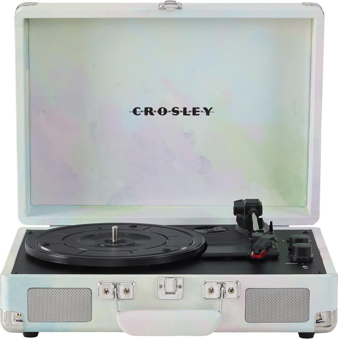 Crosley CR8005F-GW Cruiser Plus Vintage 3-Speed Bluetooth in/Out Suitcase Vinyl Record Player Turntable, Green Watercolor (Green Watercolor)