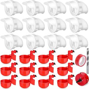 12 Pcs Chicken Feeder Kit and 12 Pcs Water Cup Kit, Gravity Poultry Waterer Cup and Poultry Feeder Port Set with Hole Saw and Sealing Tape, Chicken Feeder No Waste for Duck Bird Quail