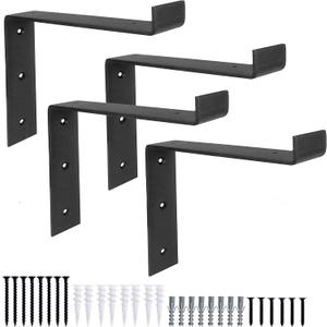 Ilyapa Heavy Duty Floating Shelf Brackets, 4 Pack - 4x6 Inch Black Metal Shelf Holders for Wall Mount Shelves