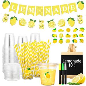Lemonade Stand Supplies 50 Pcs Lemonade Cups with Lids and Straws, 2 Pcs Lemonade Banners, Wooden Blackboard and Lemon Stickers for Summer Lemon Birthday Baby Shower Party Decor