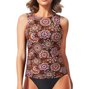 Daci Tankini Tops for Women High Neck Swim Top Tummy Control Bathing Suit Top Modest Swim Tank Top No Bottom (XX-Large, Brown Mandala)