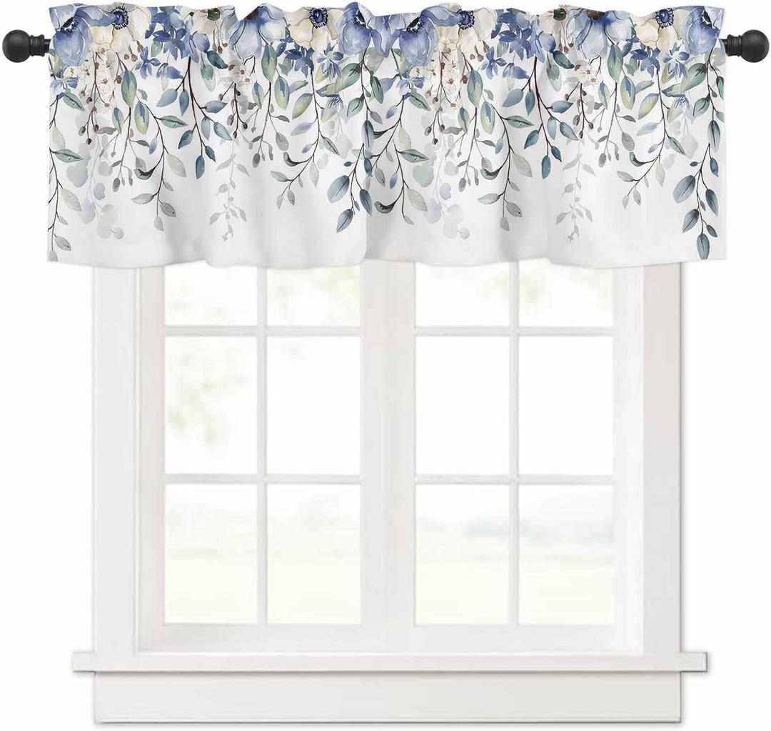 Kitchen Curtain Valance for Windows Blue Eucalyptus Leaves Watercolor Floral Spring 1 Panel, 54 x 18 Inch Rod Pocket Valance Window Treatments Short Curtains for Bathroom Bedroom (Flowersoa46480)