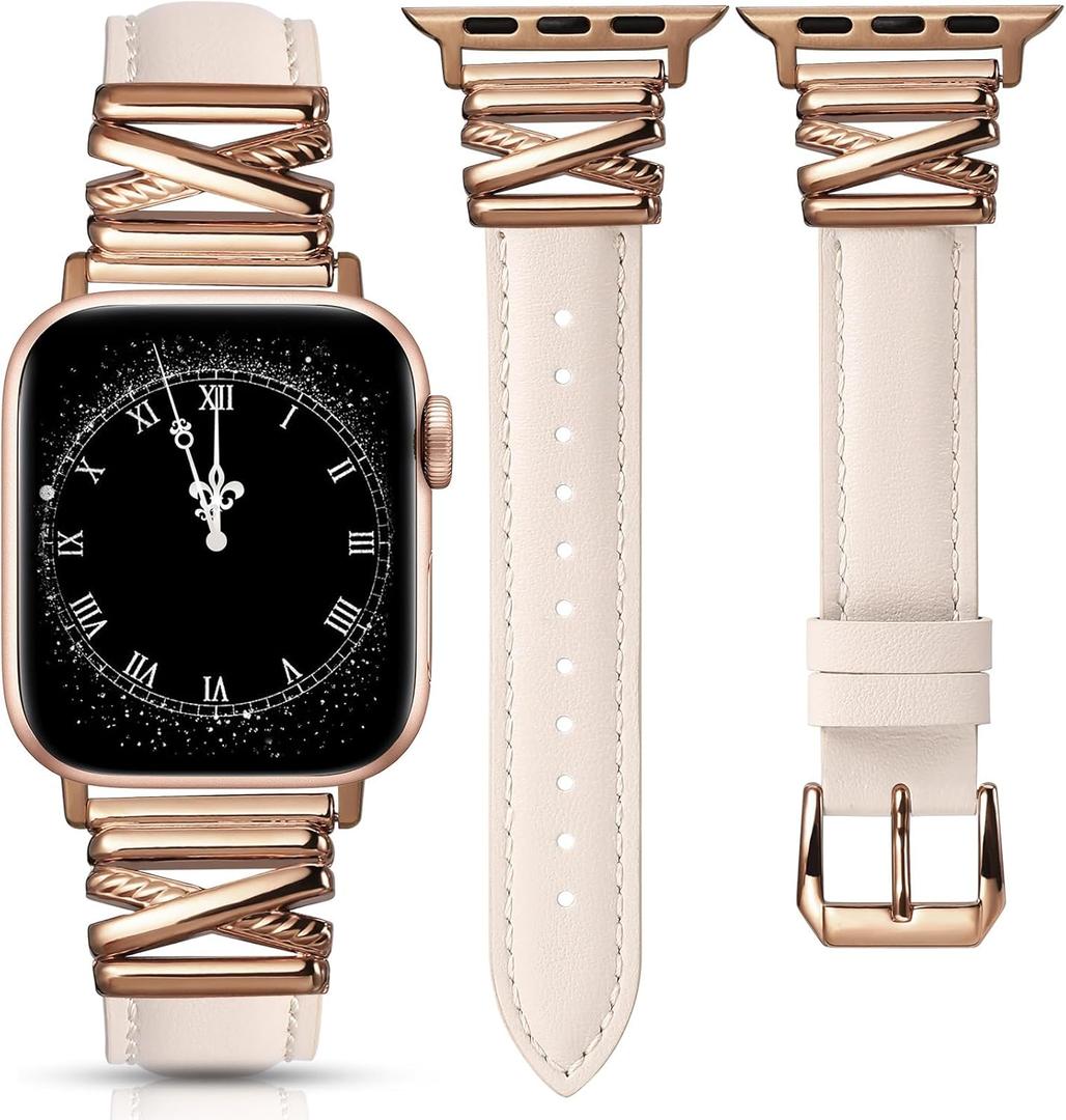 Minyee Leather Band Compatible with Apple Watch 42/41/40/38/44/45/46/49mm Women,Dressy Slim Premium Leather Strap with Designer X-Shape Metal Buckle for iWatch Series 11 10 9 8 7 6 5 4 SE/Ultra 3 2 1 (Starlight/Rose Gold)