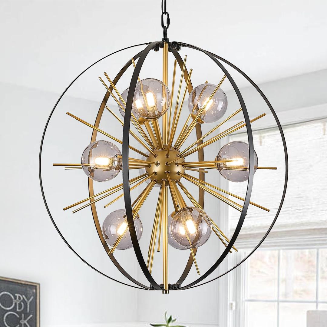 24" Black Gold Mid Century Sputnik Chandelier 9 Lights Hanging Ceiling Firework Globe Pendant Light Fixture with Smoke Class Lampshades for Dining Living Room Foyer Entryway Kitchen