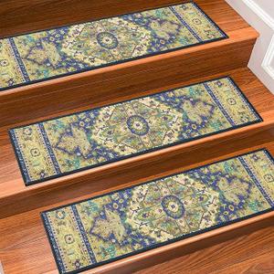 Stair Treads for Wooden Steps Indoor, 15 Pack 8" X 30" Non Slip Carpet Stair Treads with Reusable Adhesive for Kids Elders and Dogs, TPR Backing Stair Rugs Oriental Staircase Step Treads, Bohemia