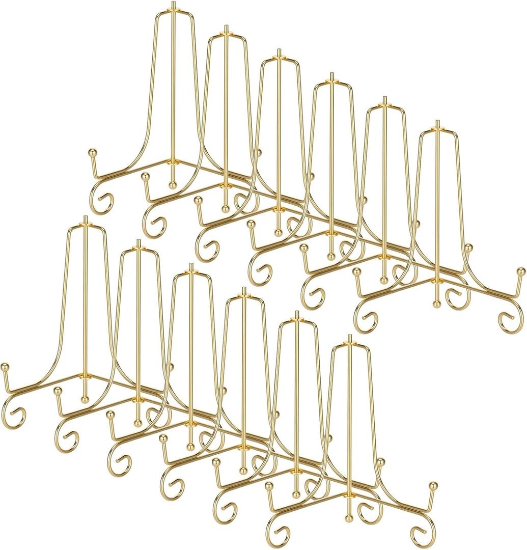 12 Pcs Gold Iron Plate Stands for Display, 6 Inch Decorative Metal Plate Holders Gold Foldable Easel Holder Picture Display Stands for Decorative Dish, Picture, Book, Tabletop Art