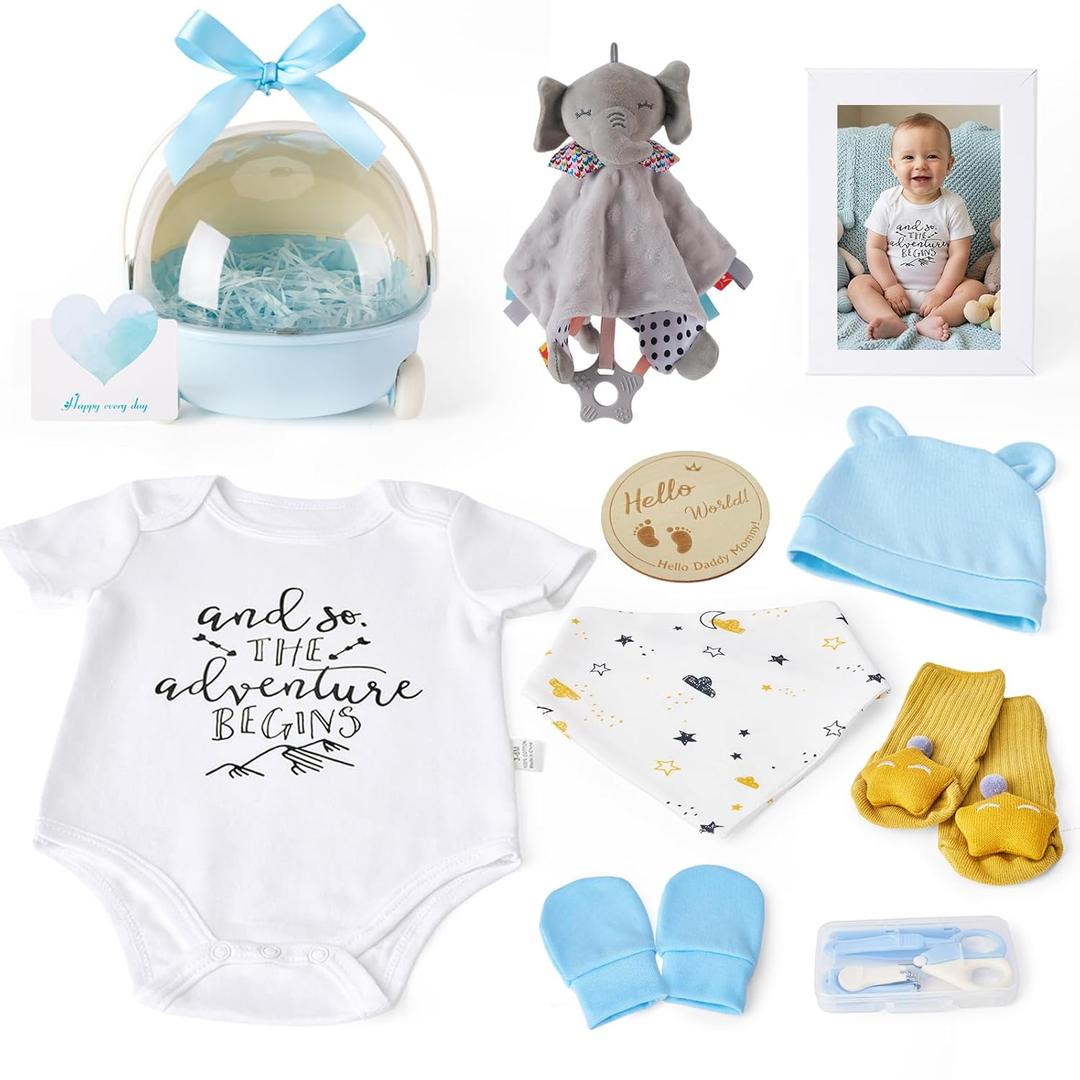 Baby Shower Gifts for Boys 12-in-1 Baby Boy Gift Set for Newborn, Premium Gender Reveal Gifts for New Parents, with Elephant Lovey, 100% Cotton Onesie, Photo Frame & Carriage Storage Case, Blue