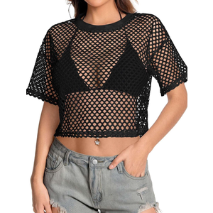 Women's Mesh Top Fishnet T Shirts Sheer Loose Short Sleeve See Through Crop Tops, Size M