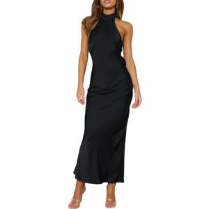 Phicia Sexy Satin Halter Neck Backless Maxi Dress for Women Elegant Tie Cowl Back Formal Wedding Guest Dress for Summer (Medium, Black)
