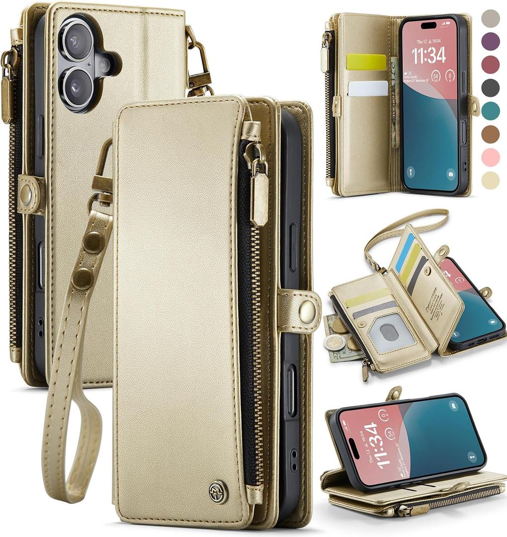 Defencase Compatible with iPhone 16 Case Wallet with RFID Blocking Card Holder for Women and Men, Fashion PU Leather Magnetic Snap Flip Zipper Strap Wallet Phone Case for iPhone 16 6.1", Gold