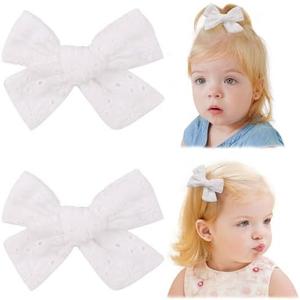 Jollybows 2pcs 3.2" Hair Bows Clips for Baby Girl Toddler Pigtail Neutral Linen Hair Clip Bows -White Eyelet