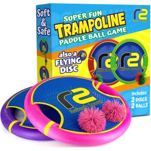 Fun Bouncy Paddle & Stringy Ball Toss & Catch Game - Easy to Use for Kids All Ages - Soft Foam Design for Safe Play Indoors or Outdoors - Also Works as Flying Disc - Great Gift Idea for Boys & Girls (Pink & Purple)