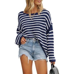 BTFBM Women's Striped Knit Sweaters 2025 Spring Fall Boat Neck Off Shoulder Long Sleeve Oversized Casual Pullover Tops(Striped Navy White, Small)