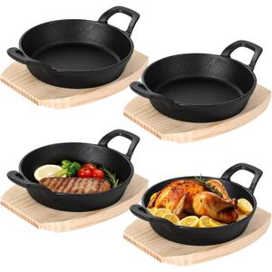 4 Sets Small Cast Iron Skillet with Wooden Base, 6.3 Inch Mini Cast Iron Skillet Pan Round Fajita Plate Hot Steak Pot Dish for Stove, Oven (6.3 Inch)