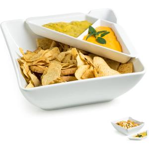Gomakren Chips and Dip Serving Dish, White Serving Bowl, 2.8 Quart Large Serving Bowl for Entertaining, Square Mixing Bowl Salad Bowl, Porcelain Serving Dish with Dipping Sauce Tray