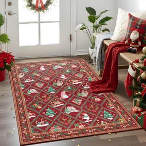 Christmas Rug for Entryway Living Room Area Rugs, Santa Welcome Front Door Mats Indoor Non Slip Doormat, Xmas Holiday Decor Rugs for Kitchen Bedroom Bathroom Hallway, 3x5 Feet Red