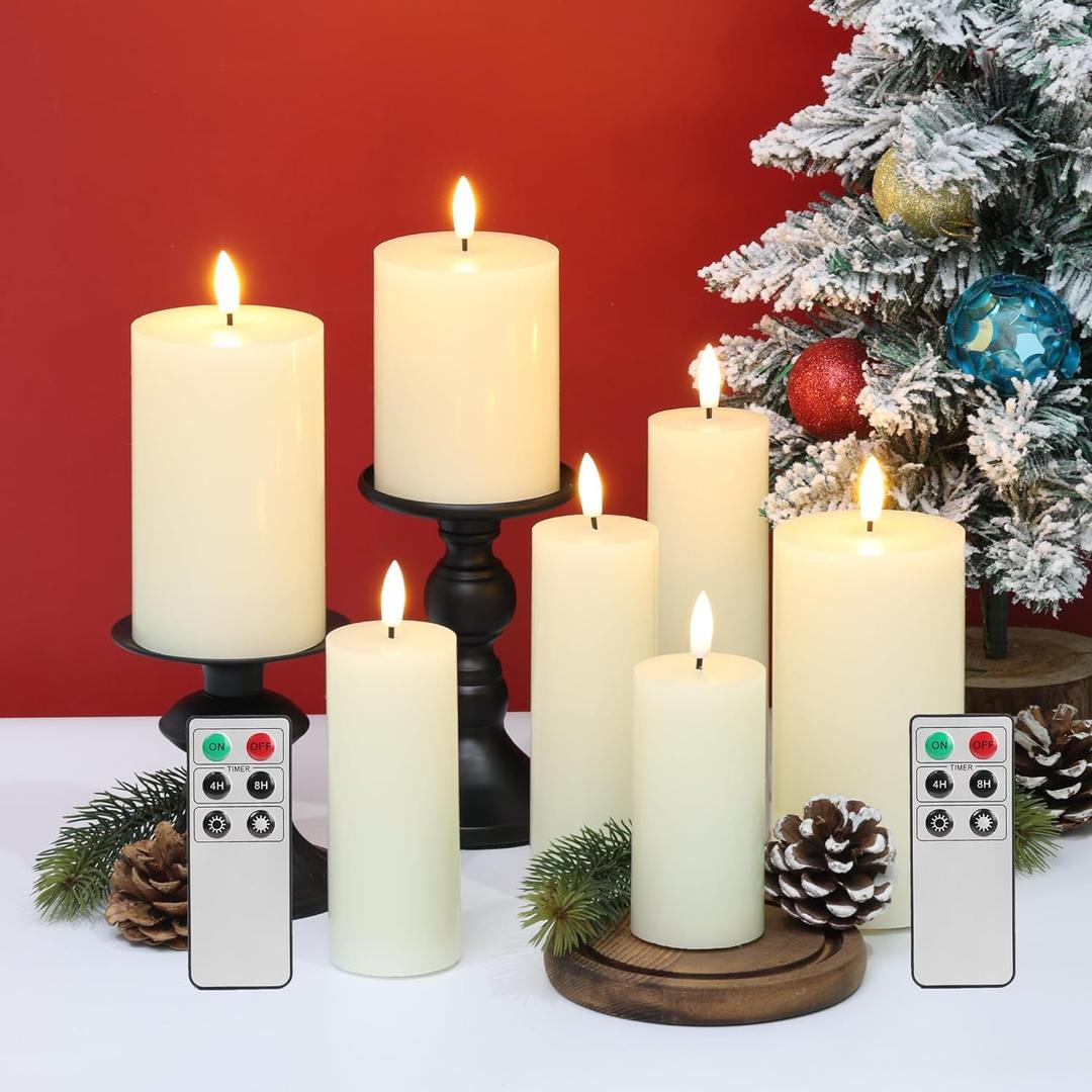 Eywamage Ivory Flat Top Flameless Pillar Candes with Remote, Real Wax Flickering Tall LED Battery Fireplace Candles Set of 7 (Ivory - 7 Pack)