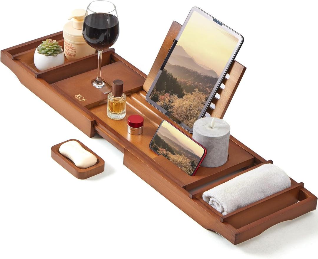 XcE Bamboo Bathtub Caddy Tray - Expandable to 41 Inches with Book Stand, Soap Holder & Anti-Slip Pads for Luxury Bath Spa, Brown