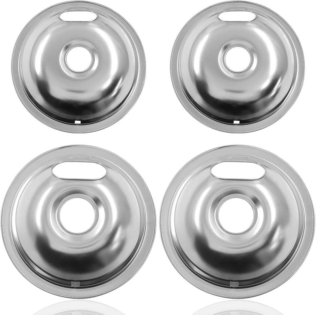 Electric Stove Burner Drip Pan Set - 4 Pack Chrome Drip Bowls (2 x 6" & 2 x 8") Thick Chrome Steel, Rust-Resistant & Easy to Clean
