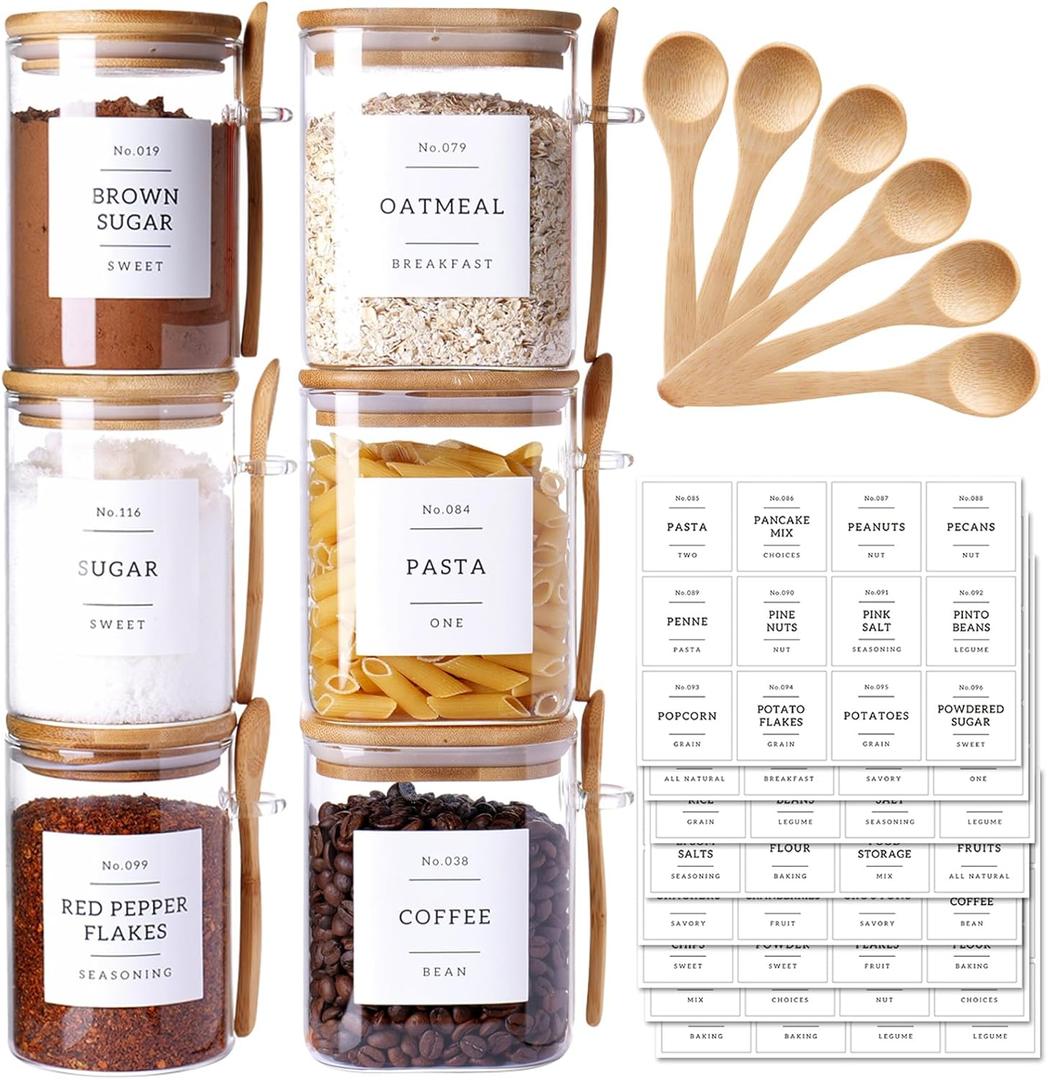 CZSZYGHBAO 6 Pack Glass Jars with Bamboo Lid and Spoons - 17Oz/27Oz Borosilicate Glass Jars with 132 Pantry Labels - for Coffee Beans, Tea, Sugar & More